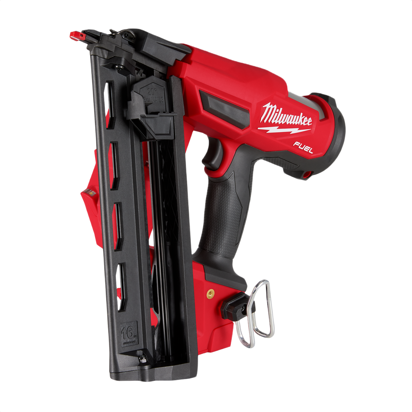 Red and black cordless angled finish nailer designed for precision and efficiency in home improvement projects