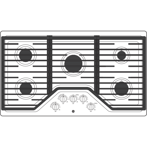 Top view of a stainless steel built-in gas cooktop with five burners and control knobs in a modern kitchen setting