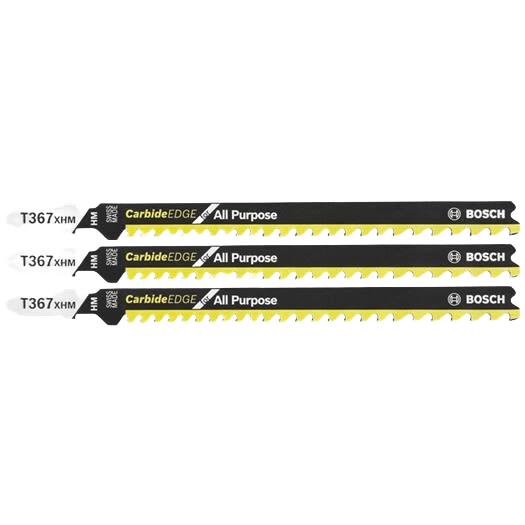Set of three Bosch carbide-edge T-shank jigsaw blades designed for versatile cutting in home improvement projects
