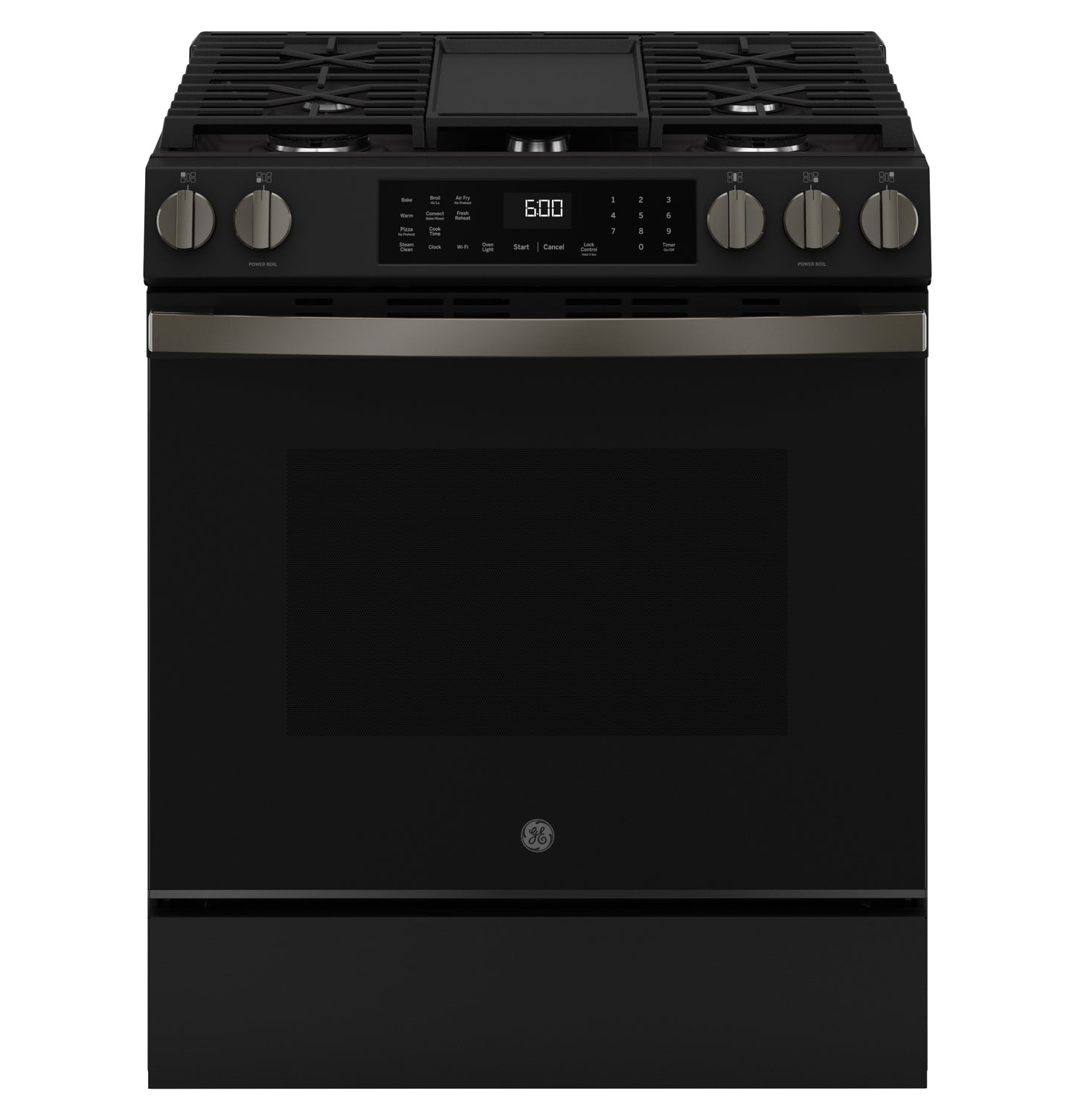 Black slide-in gas range with front controls, digital display, and five burners from Ranges and Appliances collections