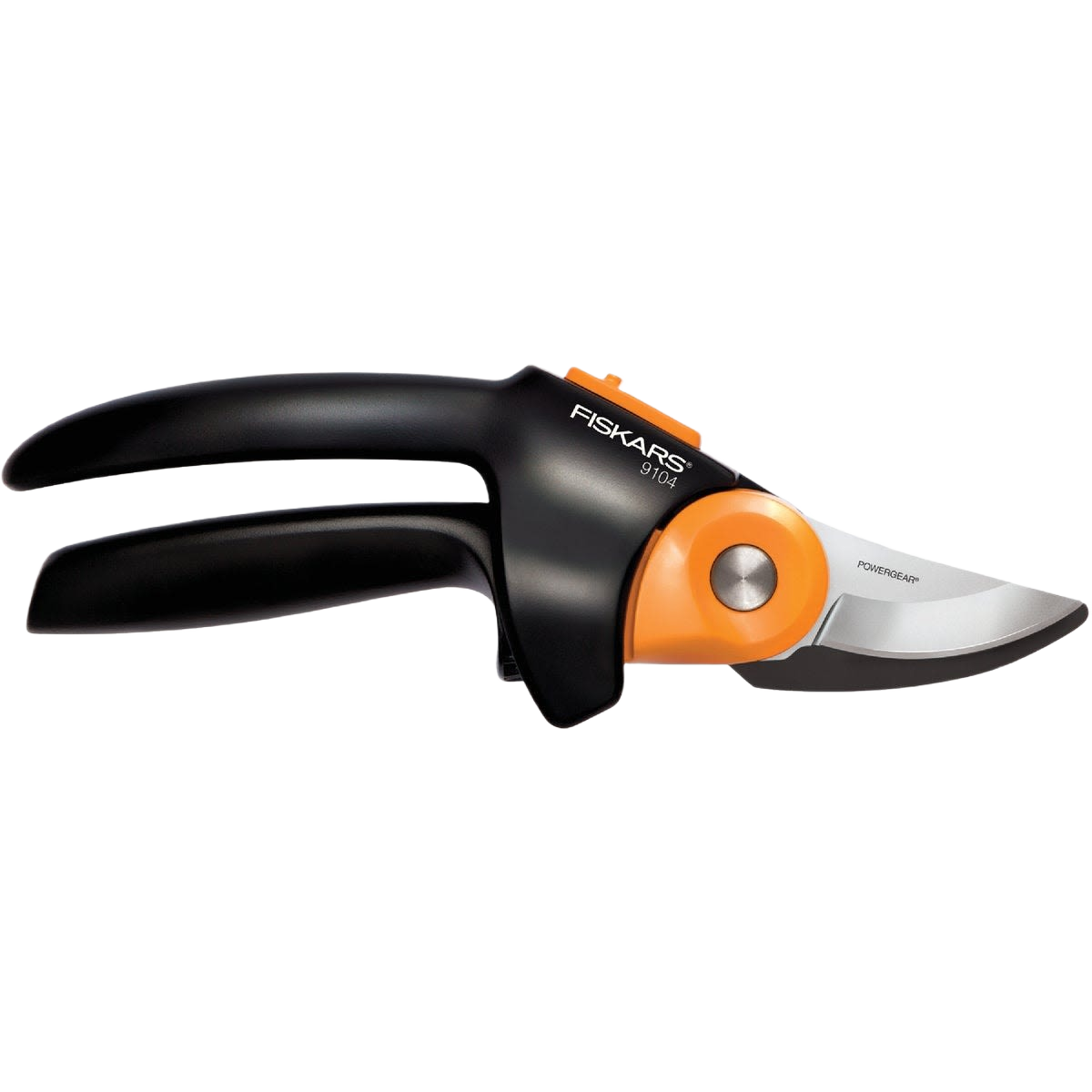 Bypass garden pruner with ergonomic black handles and sharp curved steel blade for home improvement and gardening tasks