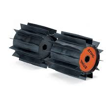 Black rubber PowerSweep attachment with orange STIHL branded end caps, designed for outdoor yard maintenance, available in rental equipment at Hartville Hardware.