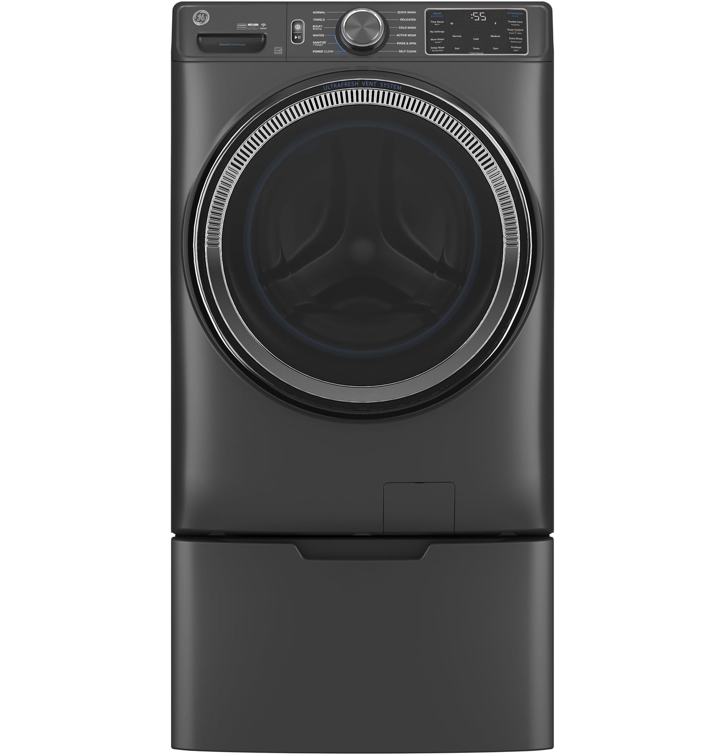 Front load dark gray energy-efficient washer with digital controls and large circular door in washer and dryer collection