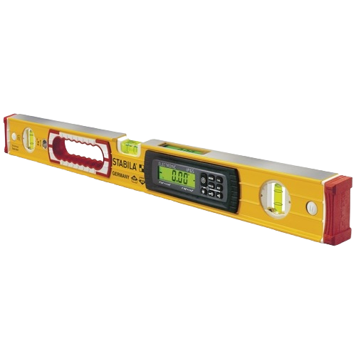 Yellow digital tech level with red grips and multiple vials for precise measuring in woodworking and home improvement projects