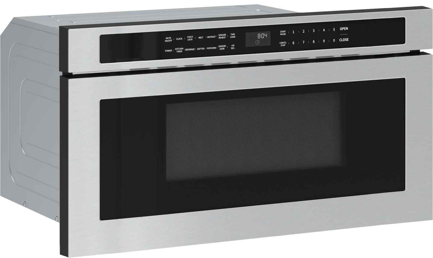 Stainless steel built-in microwave drawer featuring a digital control panel with multiple power levels, part of kitchen appliances and microwave drawer collections.