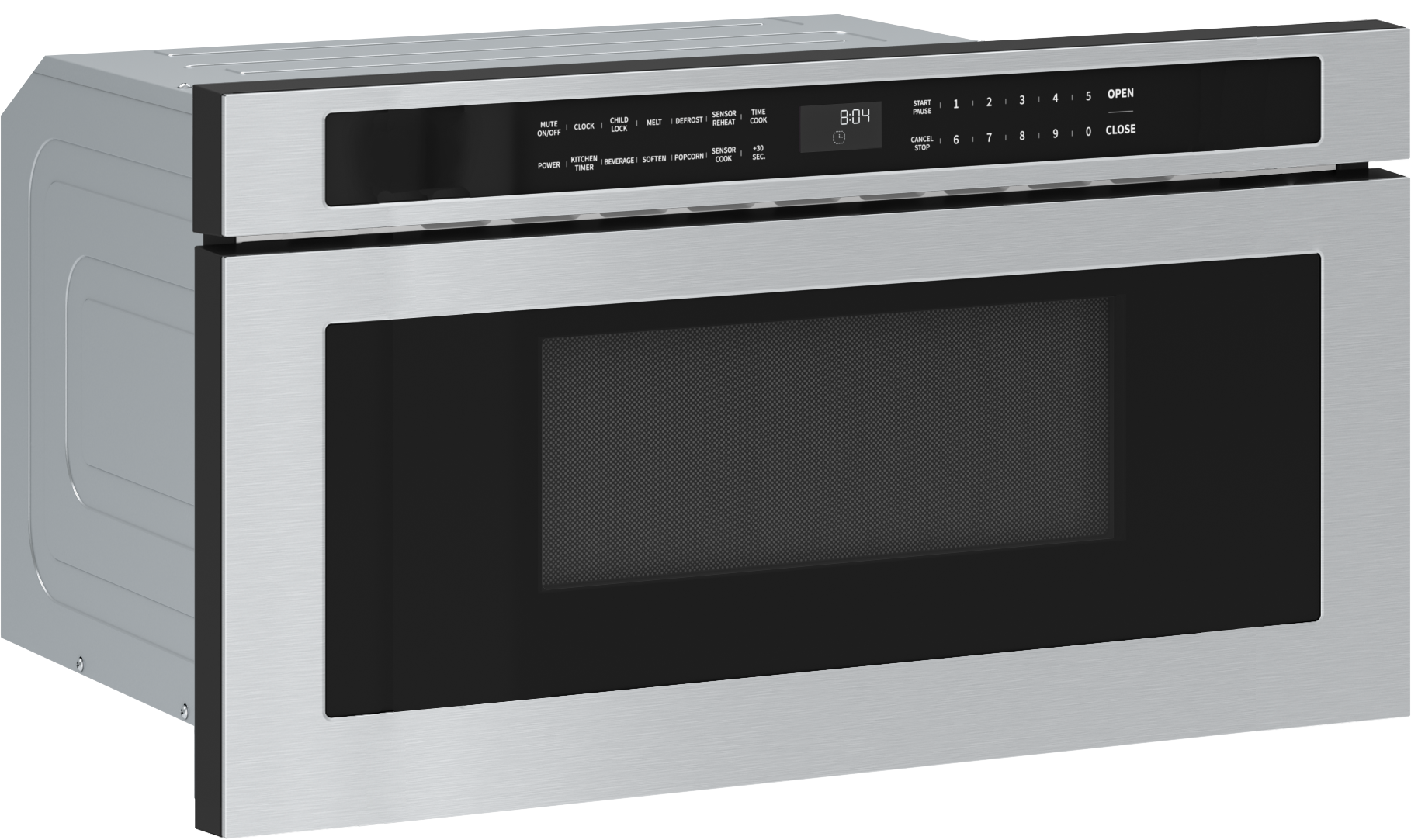 Stainless steel built-in microwave drawer featuring a digital control panel with multiple power levels, part of kitchen appliances and microwave drawer collections.