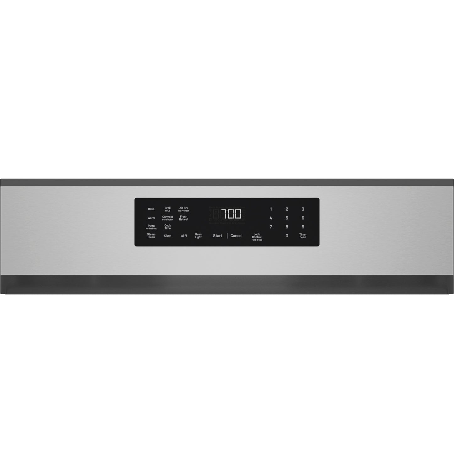 Digital control panel on stainless steel smart gas convection range with timer and cooking mode options in Appliances collection