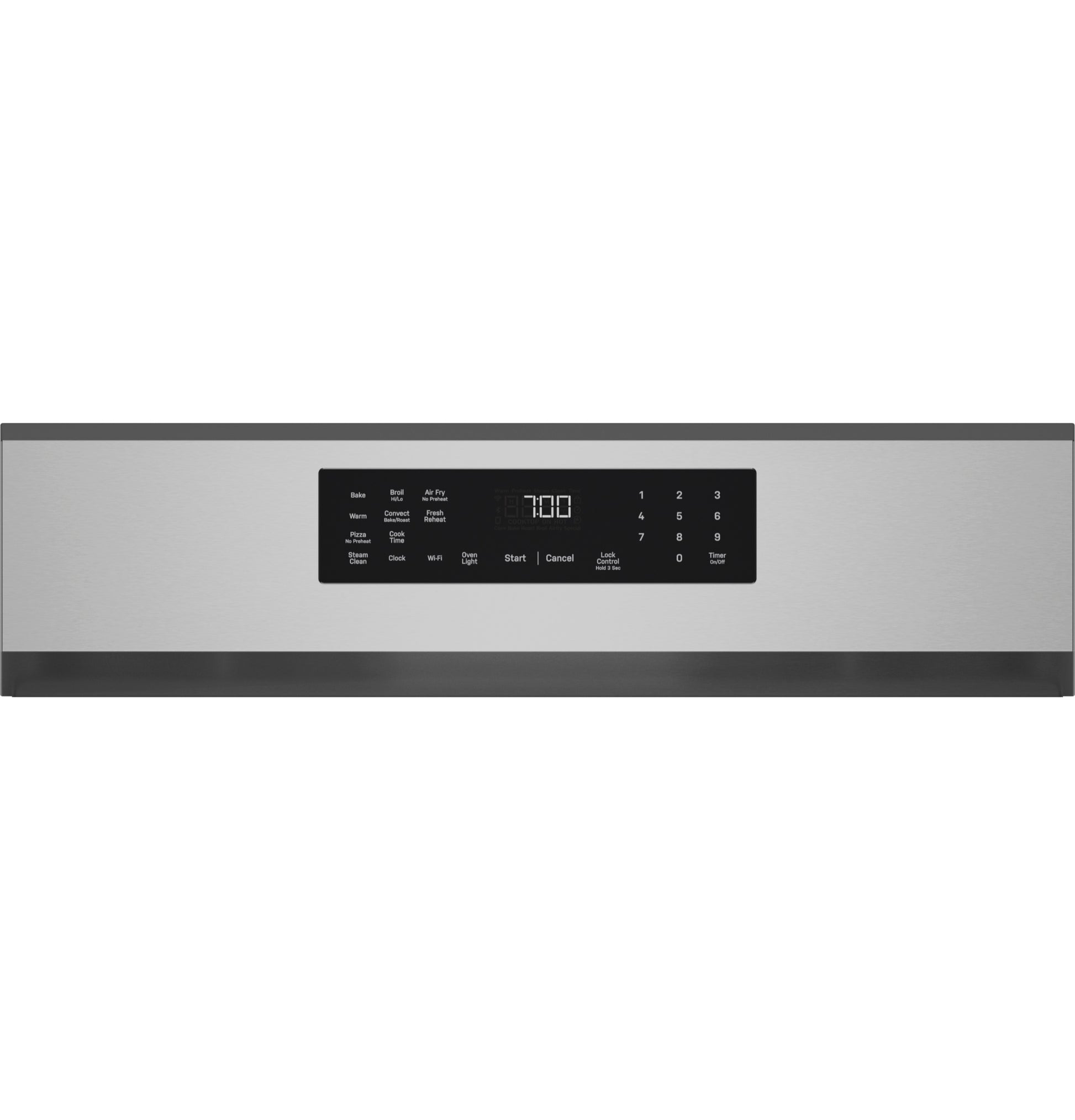 Digital control panel on stainless steel smart gas convection range with timer and cooking mode options in Appliances collection