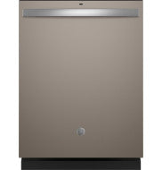 Front view of GE top control dishwasher in taupe with plastic interior for kitchen appliances collection