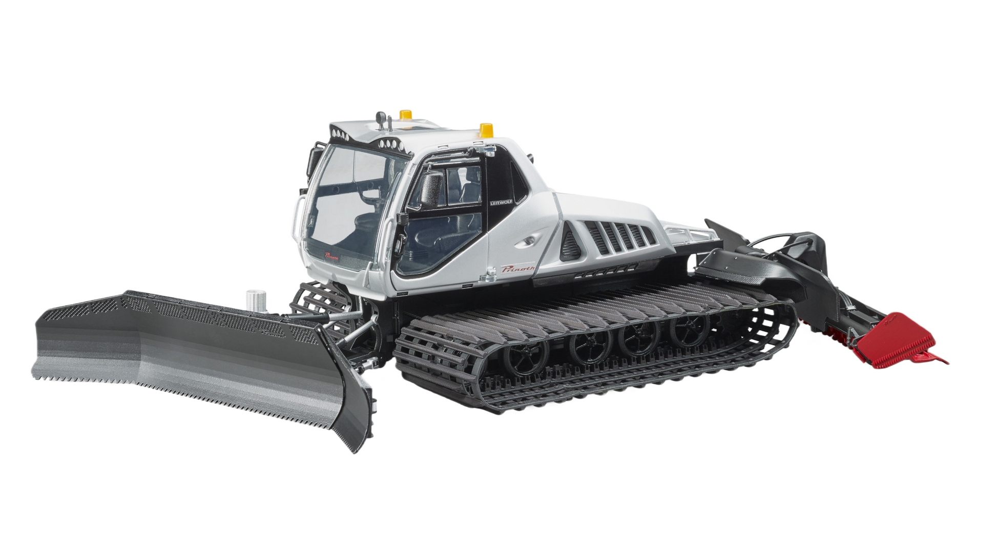 Detailed snow grooming machine model with rubber tracks and front blade for snow surface maintenance tasks