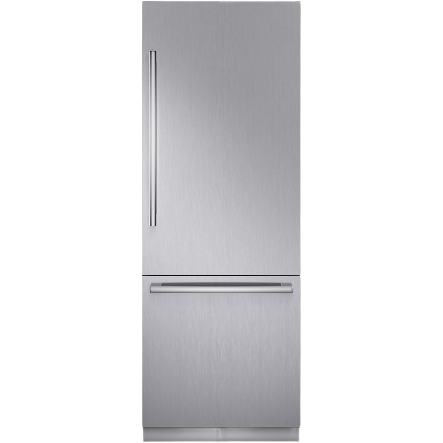 built-in stainless steel bottom freezer refrigerator with sleek handles for modern kitchen and home improvement appliances