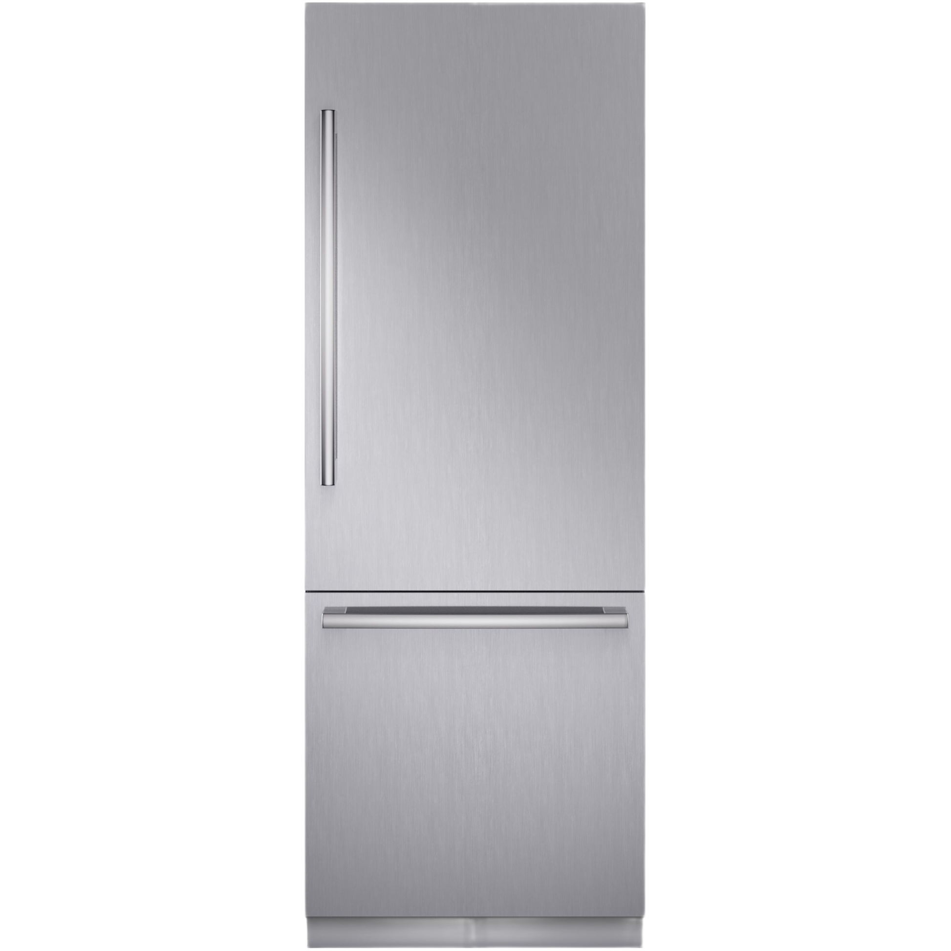 built-in stainless steel bottom freezer refrigerator with sleek handles for modern kitchen and home improvement appliances