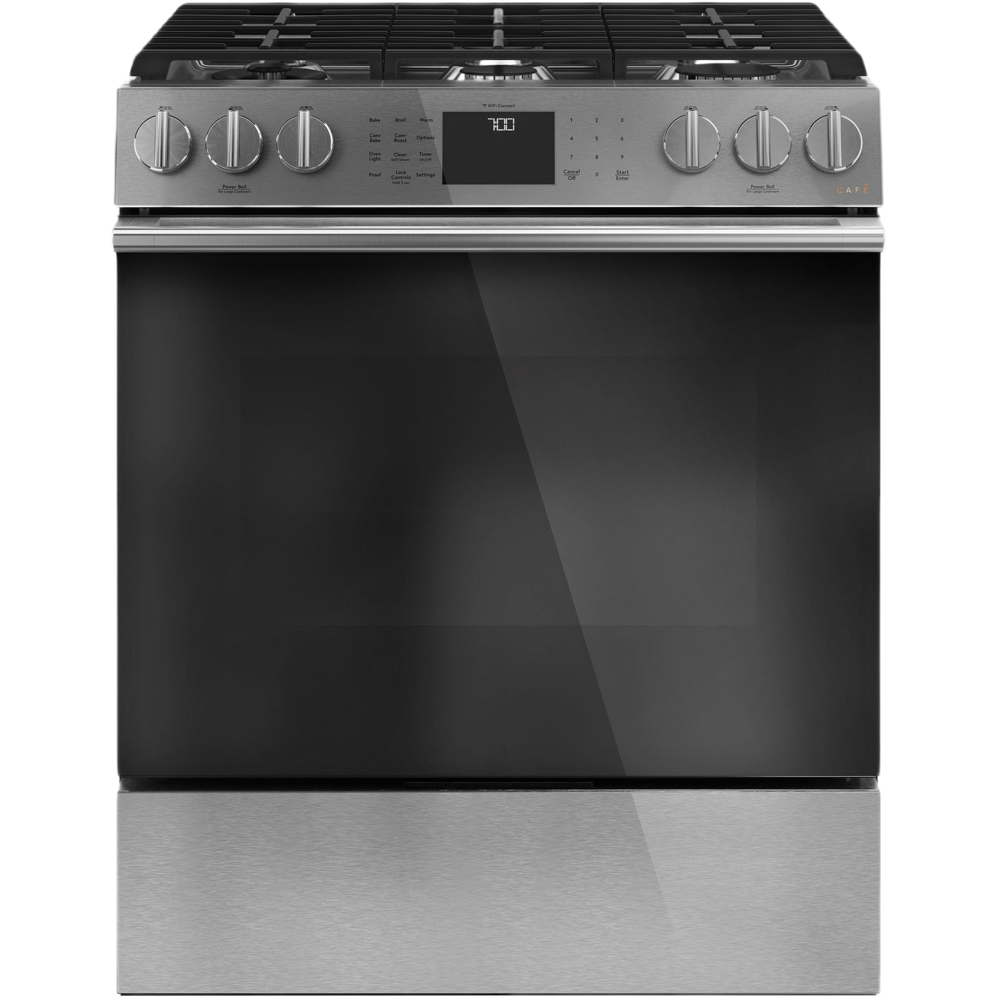 Front view of a platinum glass smart gas range with convection oven and front control knobs from Ranges & Cooktops collection