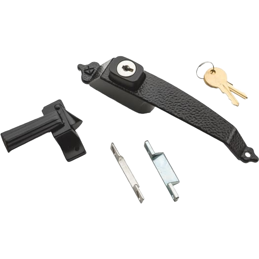 Black dual keyed push button door latch with keys, mounting hardware, and interior locking handle for door accessories.