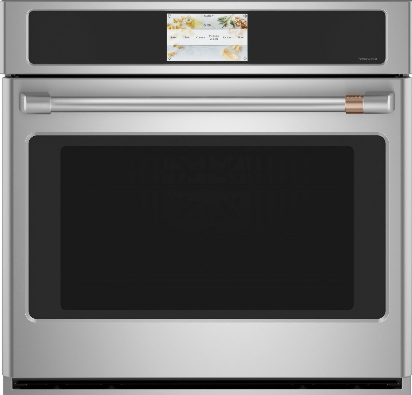 Stainless steel smart single wall oven with convection and digital touchscreen control in modern kitchen setting