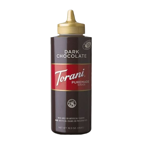 Plastic squeeze bottle of dark chocolate sauce with gold cap for dessert and beverage use in Food & Beverage collections