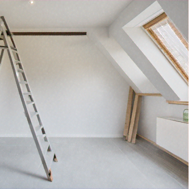 Empty room with sloped ceiling featuring a skylight window with blinds, a wooden ladder leaning against a wall, and stacked wooden planks near a white radiator.