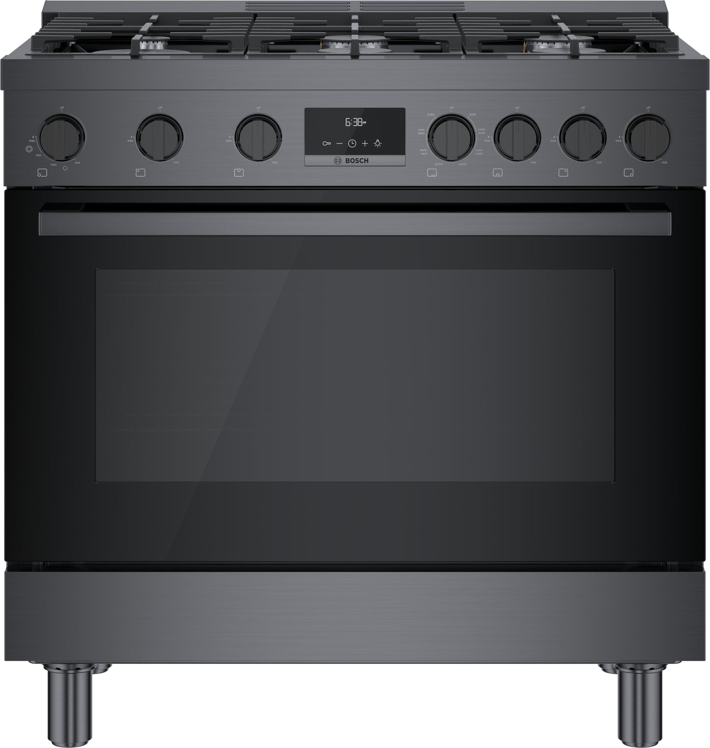 Black stainless steel 36-inch dual fuel freestanding range with six control knobs and digital display from Bosch collection at Hartville Hardware