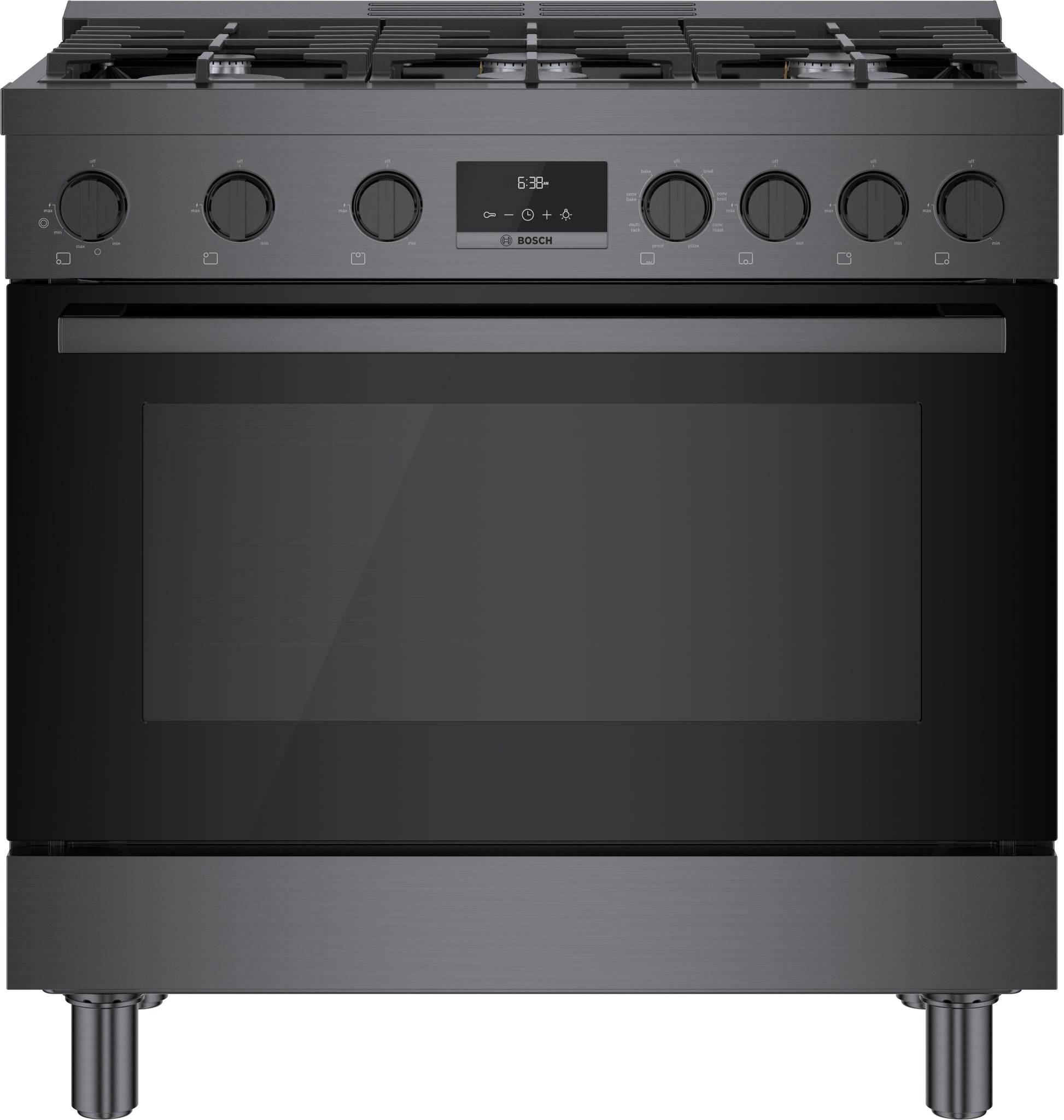 Black stainless steel 36-inch dual fuel freestanding range with six control knobs and digital display from Bosch collection at Hartville Hardware