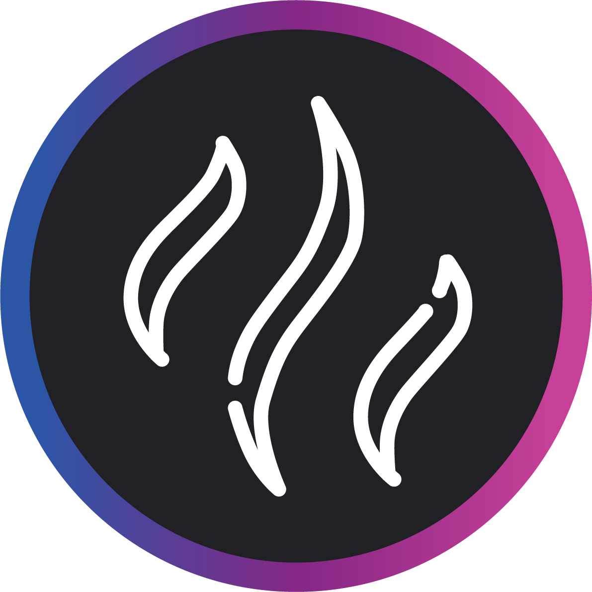 Icon representing heat or steam with white curved lines inside a circular gradient border on dark background