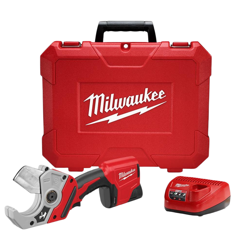 Red cordless plastic pipe shear with ergonomic handle, charger, and sturdy red carrying case for home improvement tasks