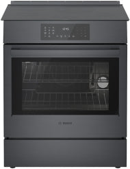 Black stainless steel induction slide-in range with digital touch controls and spacious oven interior in kitchen appliances collection