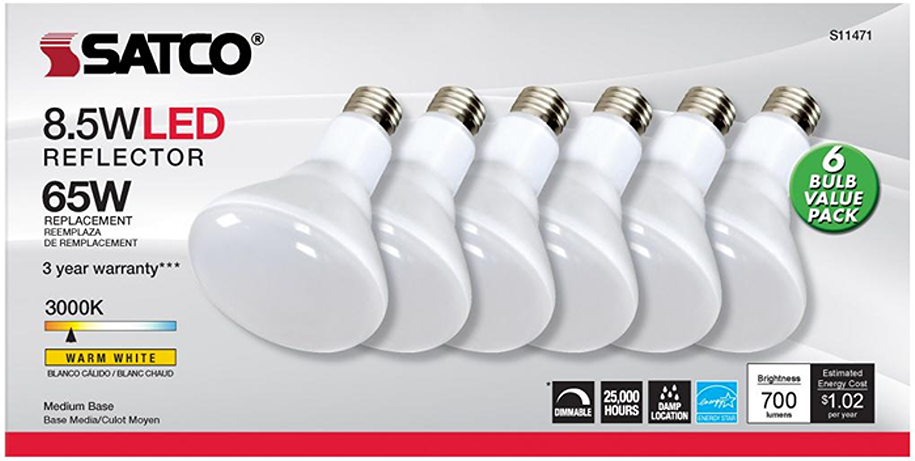 Set of six 8.5 watt LED BR30 bulbs with warm white 3000K light for energy-saving home improvement lighting