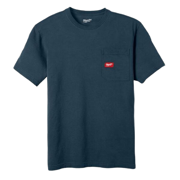 Blue short sleeve work t-shirt with front pocket and small red logo patch for tools and home improvement tasks