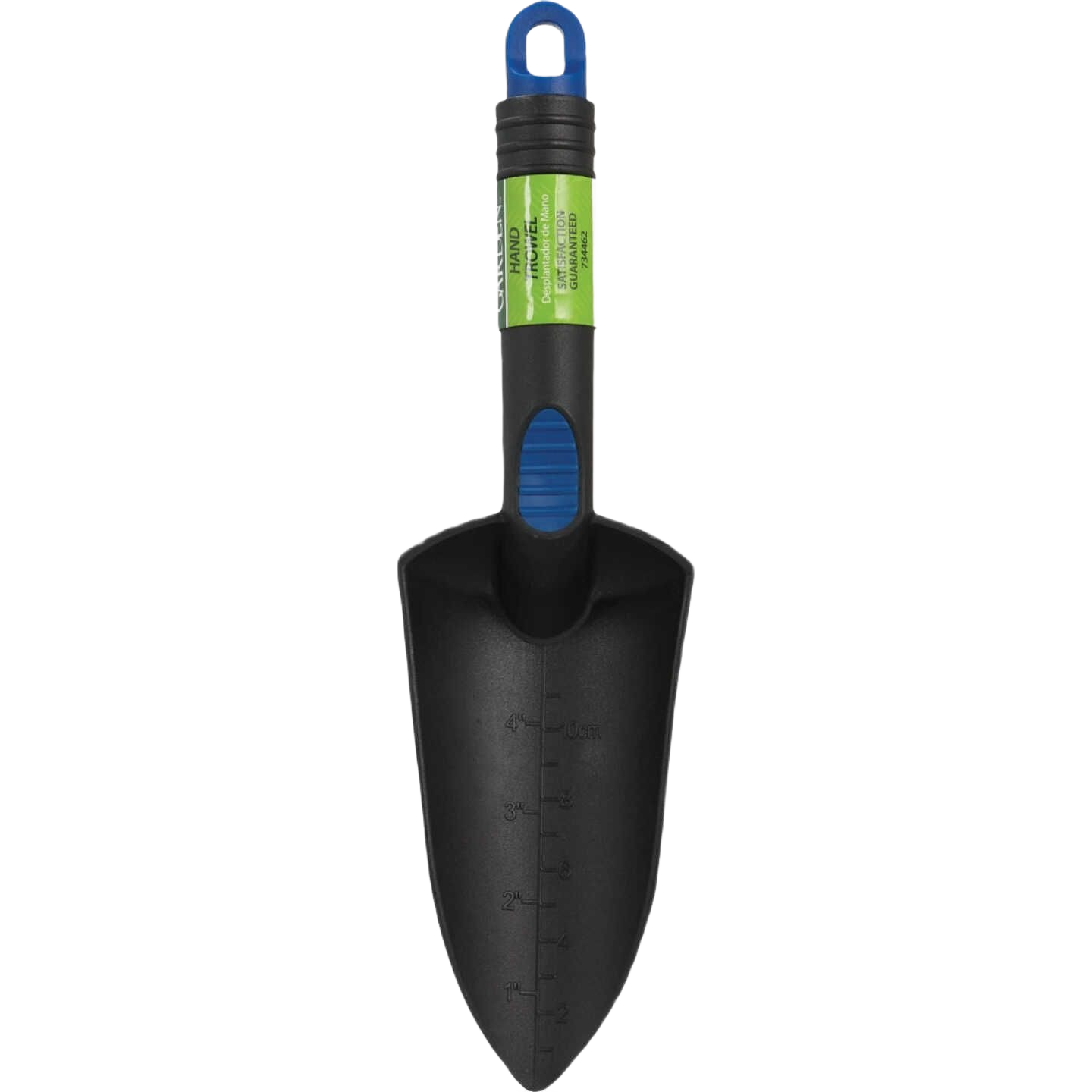 Black nylon garden trowel with blue grip featuring measurement markings for gardening and home improvement tasks