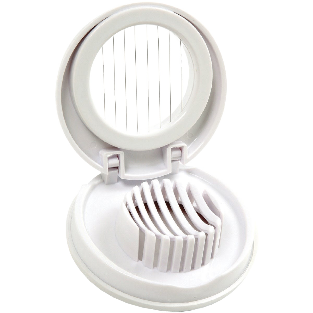 White plastic kitchen gadget with stainless steel wires for slicing mushrooms and eggs in kitchenware tools collection