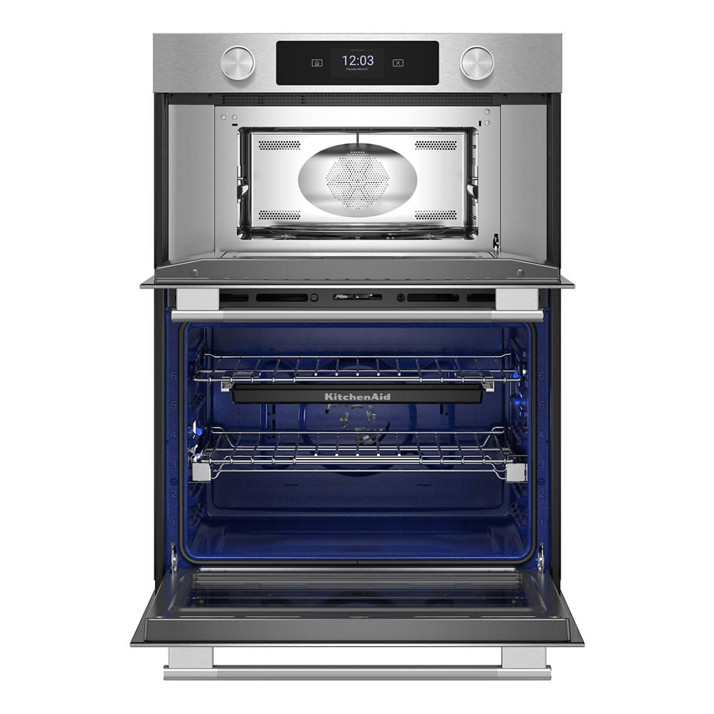 27-inch smart electric combo wall oven with dual compartments, LED display, and stainless steel finish in modern kitchenware collection