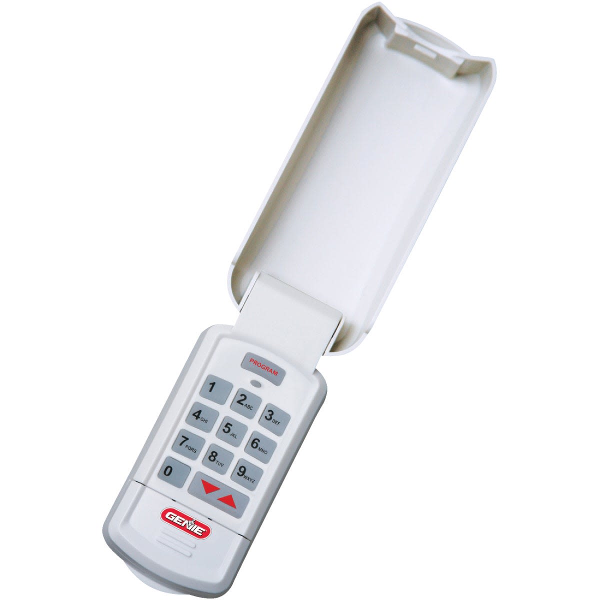 White wireless keypad with protective cover and numeric buttons for garage door hardware and home improvement use