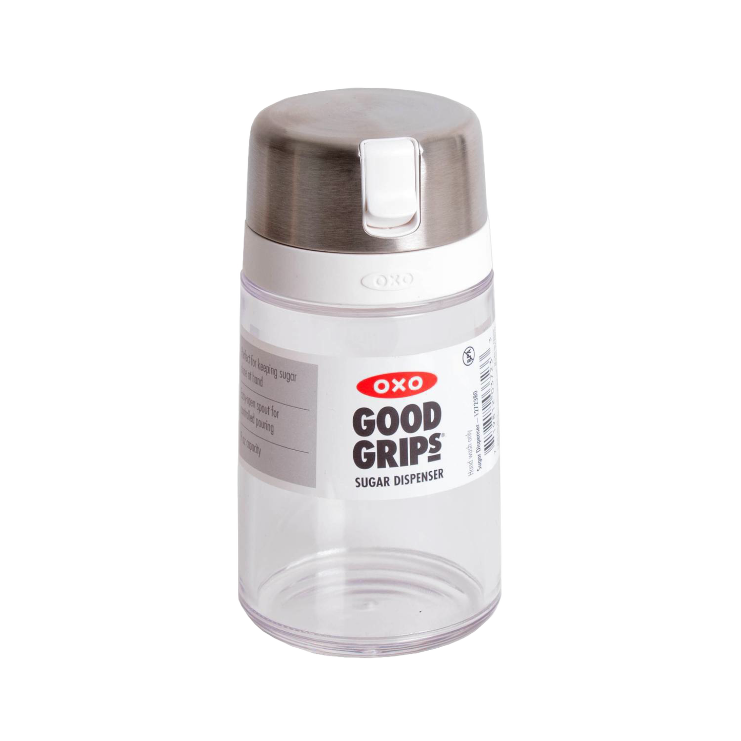 Clear sugar dispenser with stainless steel lid and white flip-top spout for mess-free kitchen storage and organization