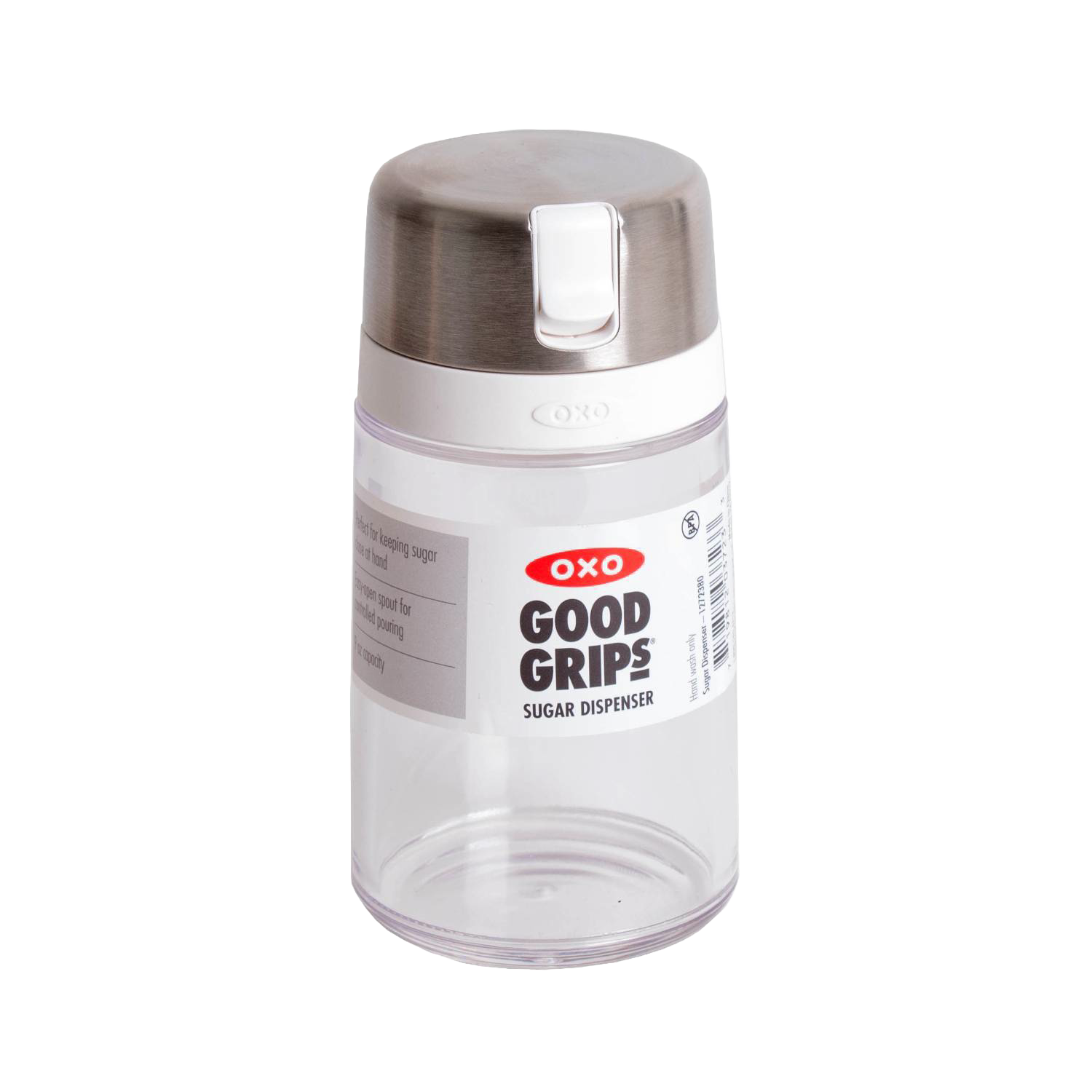 Clear sugar dispenser with stainless steel lid and white flip-top spout for mess-free kitchen storage and organization