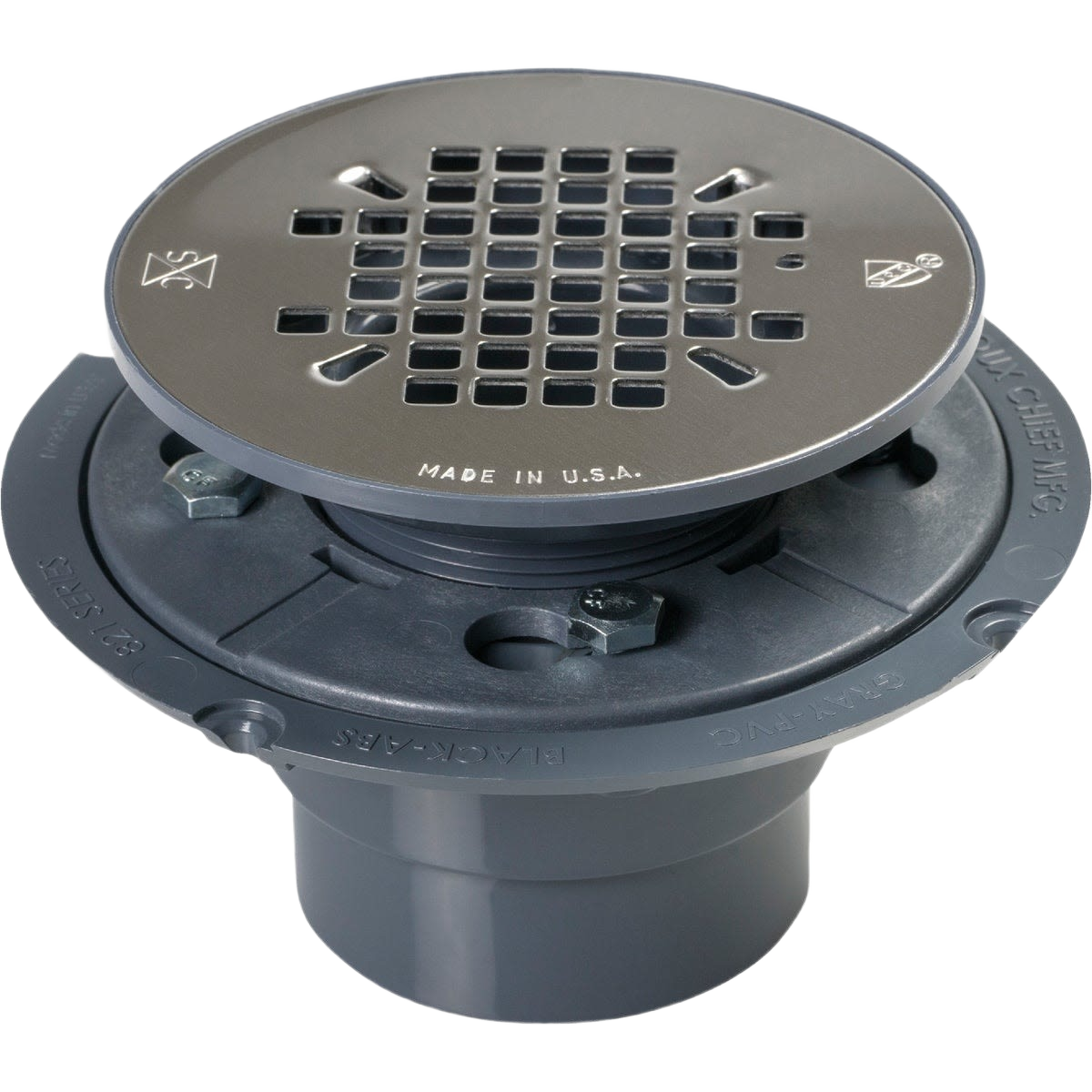 PVC shower drain with stainless steel strainer designed for plumbing repair and home improvement projects