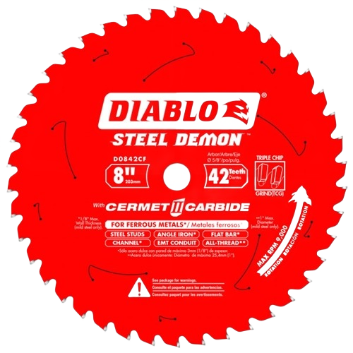 Red saw blade with 42 carbide teeth designed for ferrous metals in woodworking and tool accessories collections