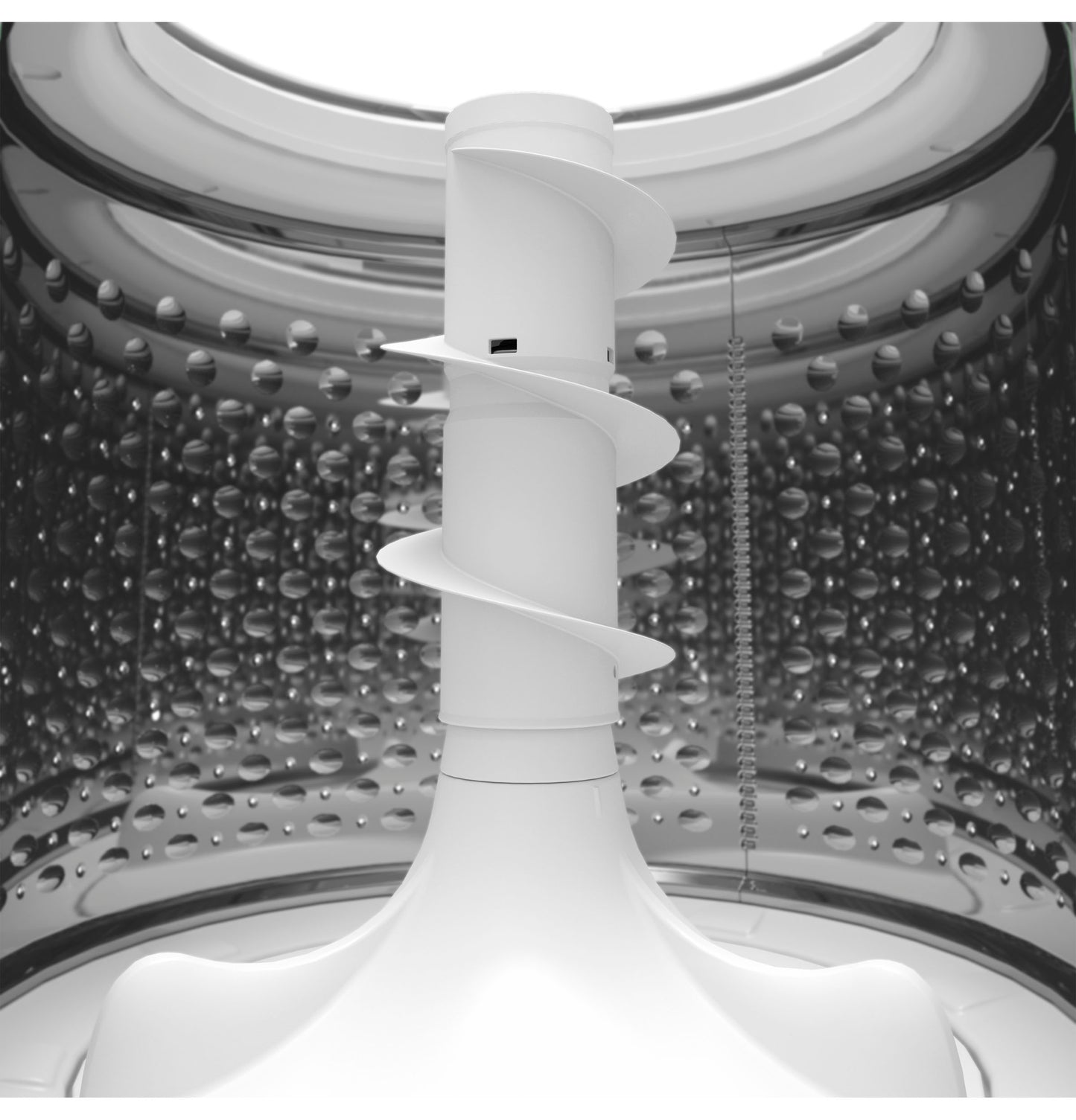 Close-up inside wash drum with spiral agitator and textured stainless steel interior from top load washers collection