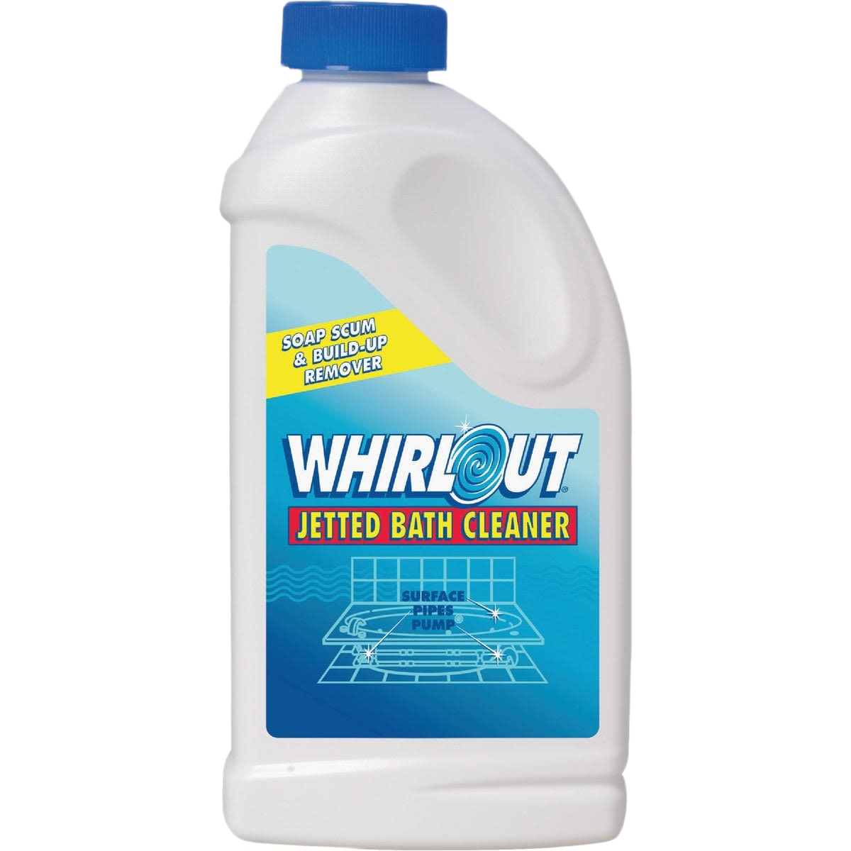 Bottle of WhirlOut jetted bath cleaner for removing soap scum and build-up in plumbing and drain maintenance