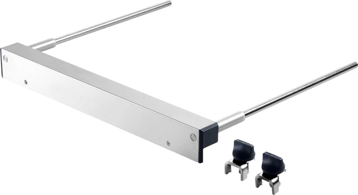 Metal parallel side fence accessory with adjustable rods and mounting clamps for Festool track saws and power tools