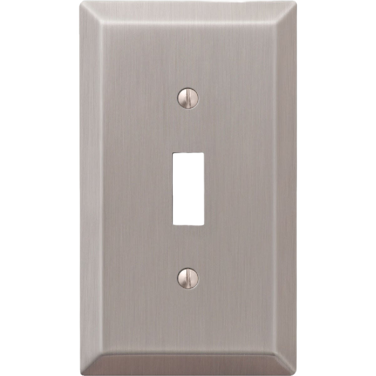 Brushed nickel single-gang toggle switch wall plate with a stamped steel construction for home improvement.