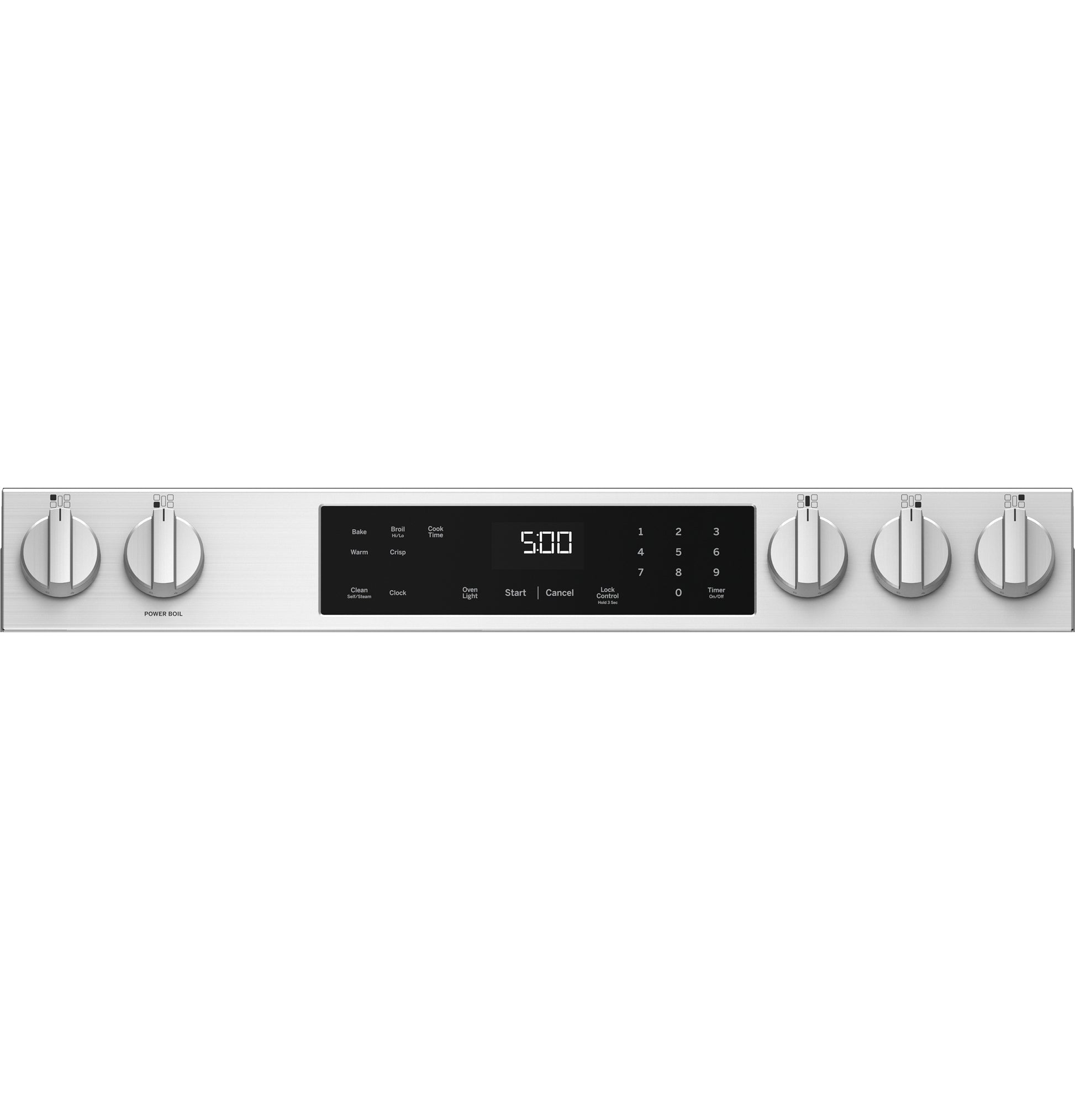 Stainless steel control panel with front knob controls and digital timer on a slide-in gas range from kitchen appliances.