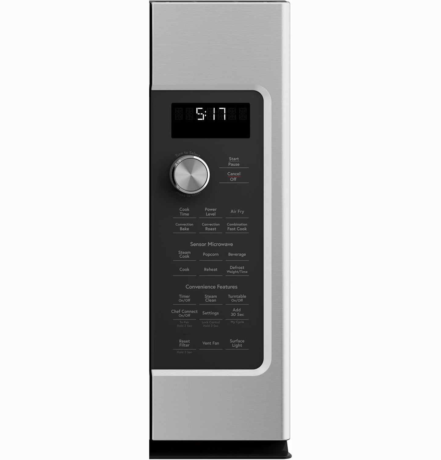 Side view of stainless steel convection microwave control panel with digital clock and dial in kitchen appliances collection