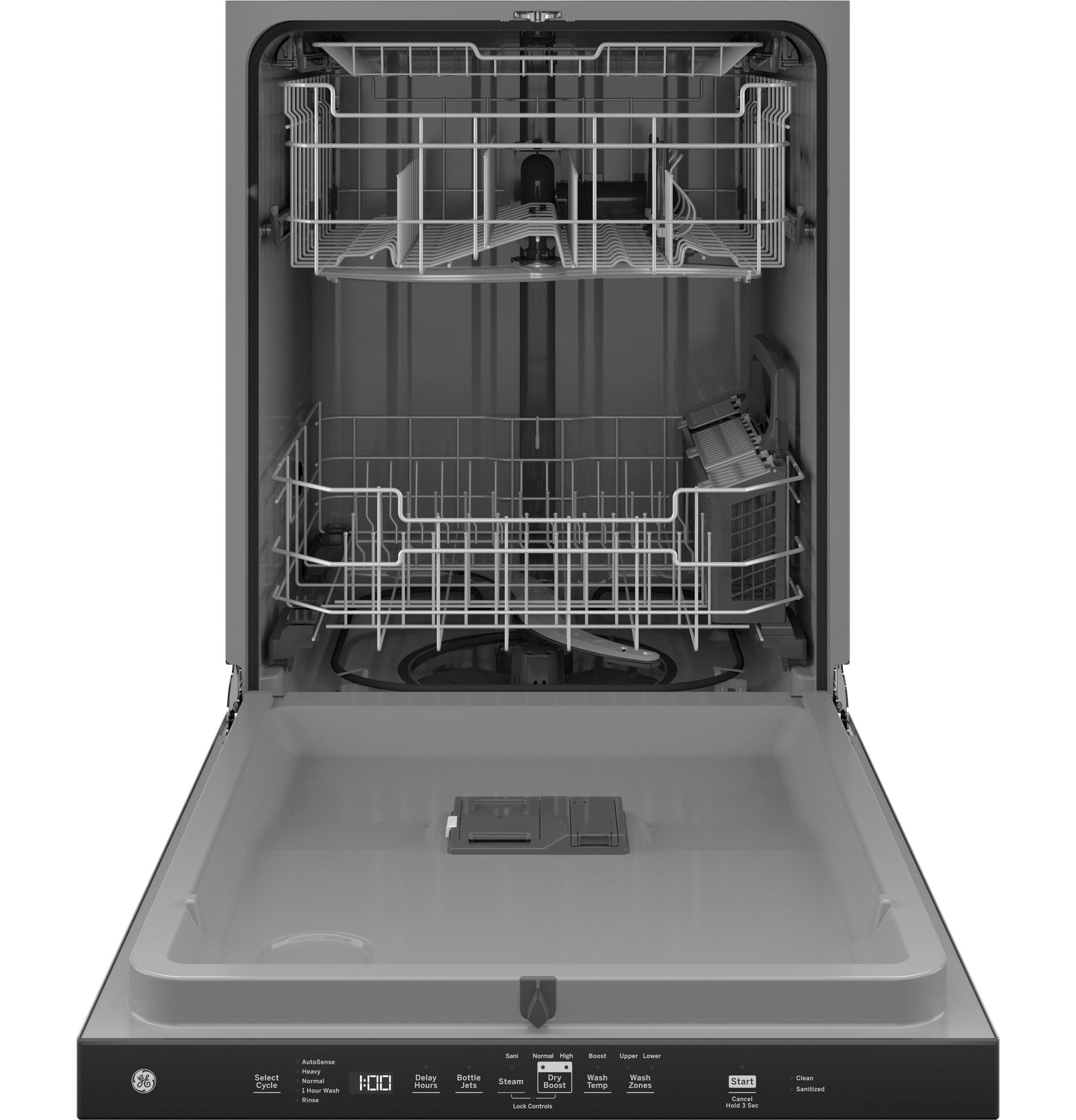 Open top control dishwasher with plastic interior, dual racks, detergent dispenser, and electronic control panel from appliances collection