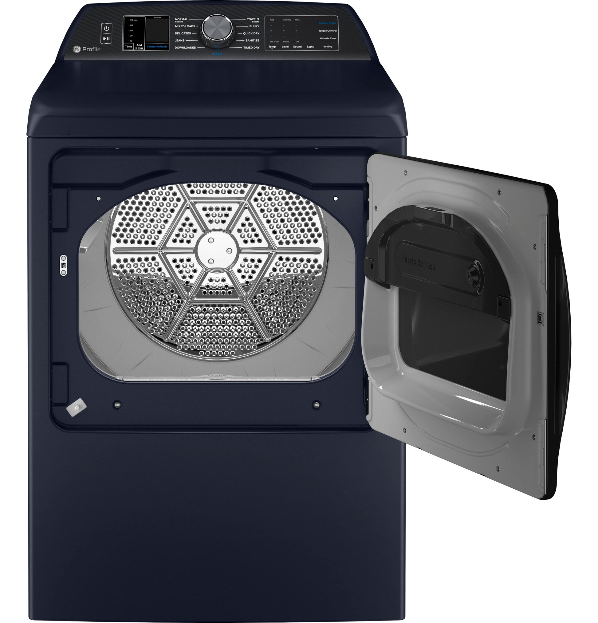 Dark blue smart electric dryer with open door revealing stainless steel interior, part of electric dryers collection