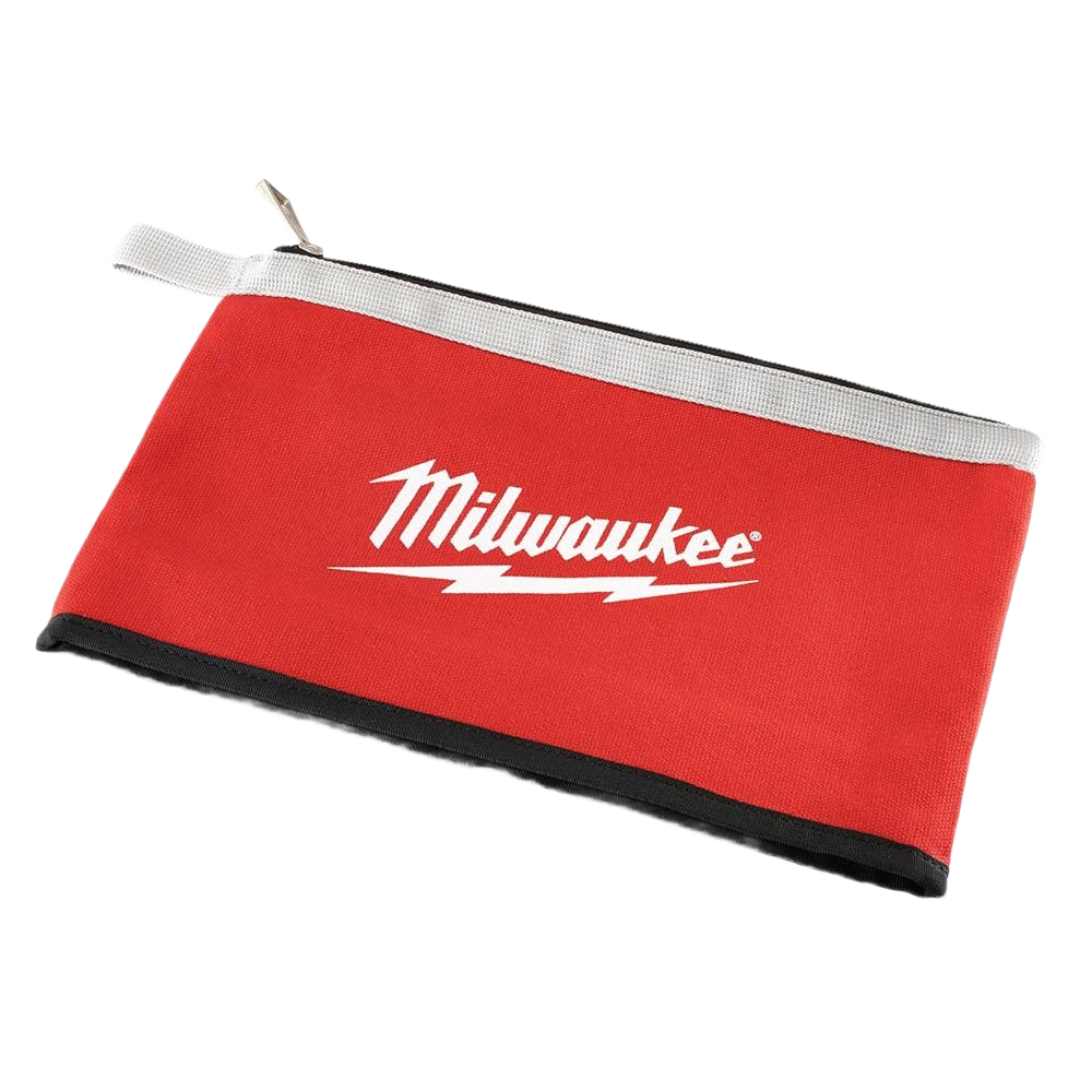 Red heavy-duty canvas zipper pouch with weather-resistant bottom and hang loop for tool storage and organization