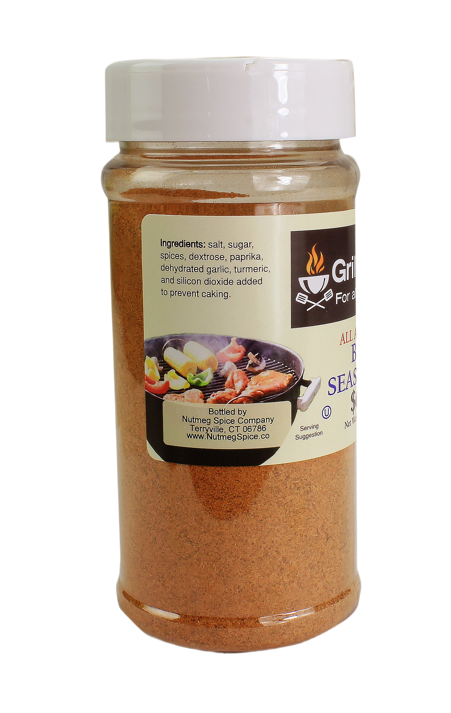 Clear plastic bottle of Grill Zone BBQ seasoning showing spice blend and ingredient label for cooking use