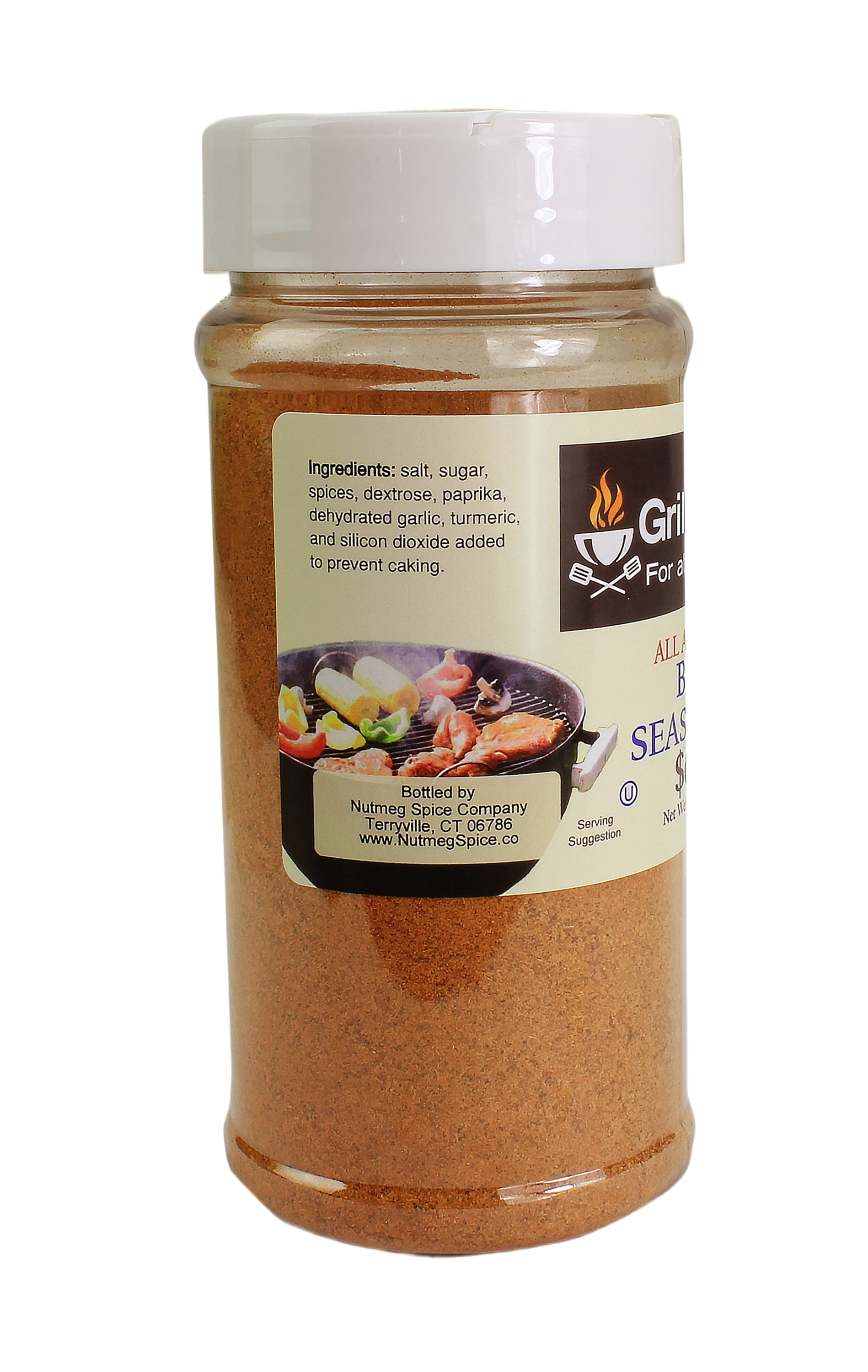 Clear plastic bottle of Grill Zone BBQ seasoning showing spice blend and ingredient label for cooking use
