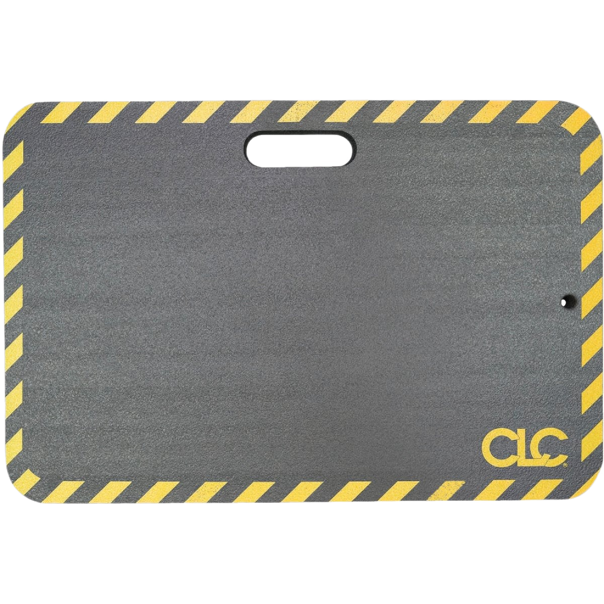 Gray industrial kneeling pad with yellow striped border and built-in handle for workshop comfort and protection