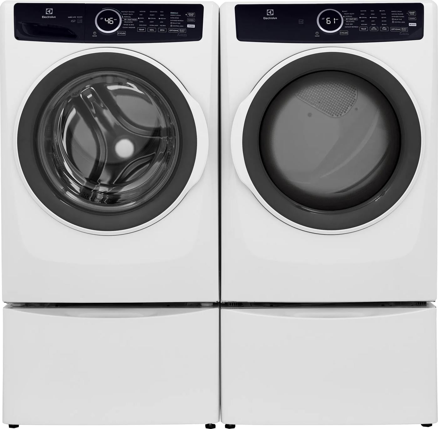 Pair of white front load washer and dryer with digital control panels, part of washers and appliances collection
