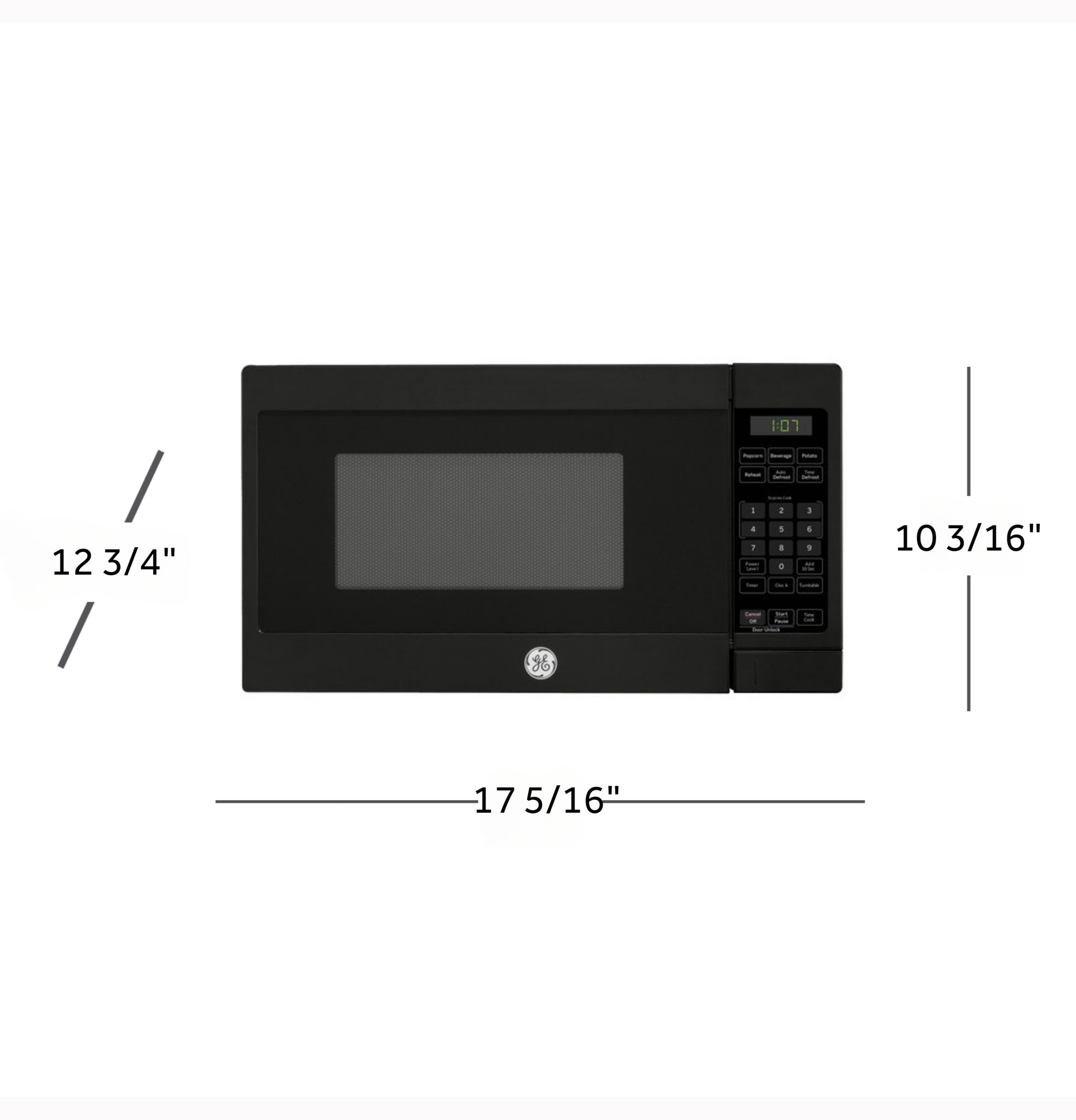 Black countertop microwave with digital control panel and size dimensions for kitchen and appliance collections